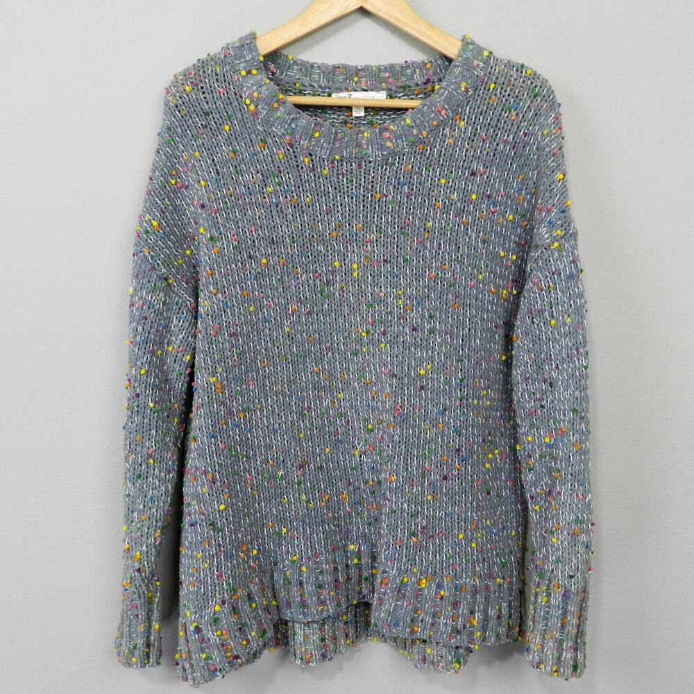 Seven7 Chunky Knit Rainbow Confetti PomPom Sweater Sz L‎ Gray Pullover Jumper